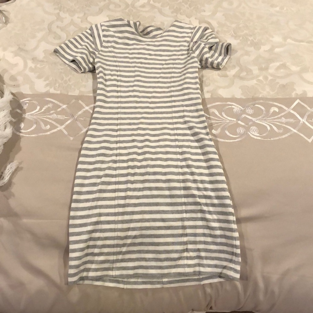 white & grey striped shirt sleeve cotton dress